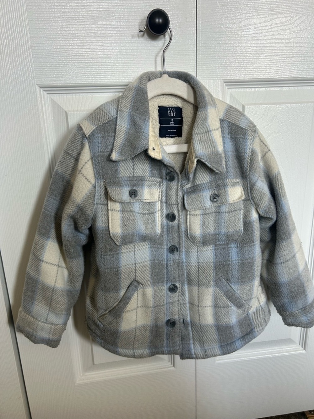 GAP Kids Gray & Cream Plaid Sherpa-Lined Jean Jacket